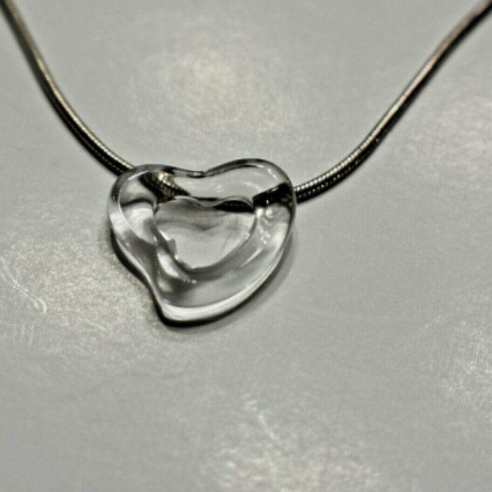 Tiffany & Co Rock Crystal Hand Carved Open Heart SS Peretti Pendant Necklace